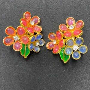 Colorful Floral Clip on Statement Earrings